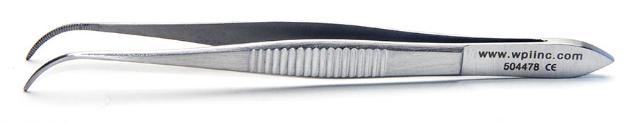 Iris Forceps, 10.2cm, Full Curve, Serrated