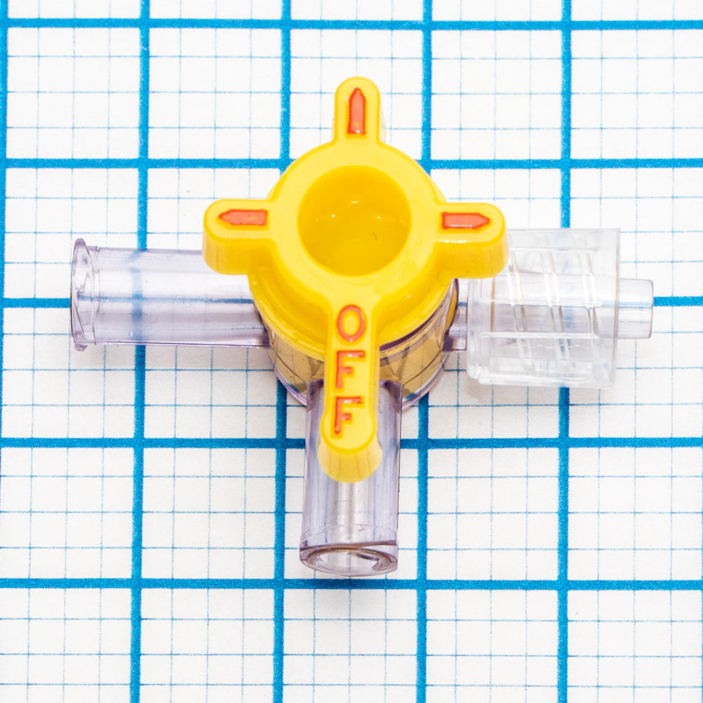 4-Way Stopcock, Yellow, 2 Female Luer Locks, Male Luer with Spin Lock