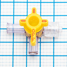 4-Way Stopcock, Yellow, 2 Female Luer Locks, Male Luer with Spin Lock