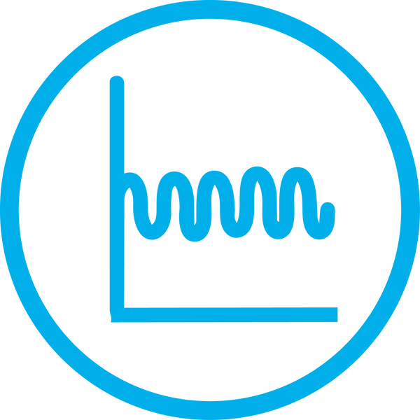 Blue logo with a wavy line inside a circle on a white background