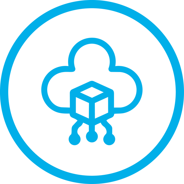 Blue icon of a cloud with a cube inside a circle on a white background