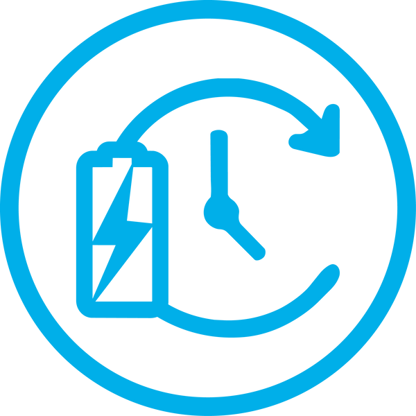 Blue icon of a battery with a lightning bolt and a clock inside a circle on a white background