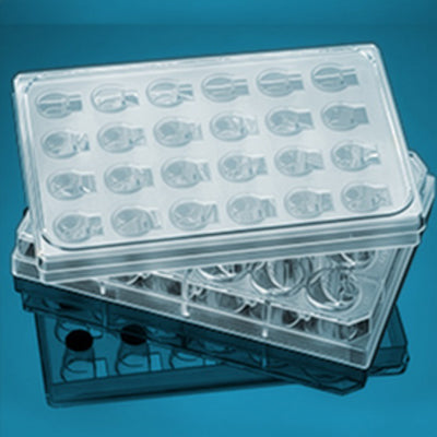 A stack of clear plastic multi-well microtiter plates on a blue gradient background.