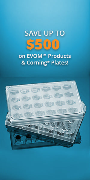 Promotional graphic showing a stack of clear plastic microplate trays on a blue gradient background, with large text reading 'SAVE UP TO $600 on EVOM Products & Corning Plates!'.