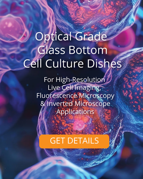 Promotional graphic for optical grade glass bottom cell culture dishes, featuring white text over a vibrant, abstract 3D rendering of living cells with glowing red and orange nuclei against a deep blue and purple background. An orange button at the bottom reads 'GET DETAILS'.