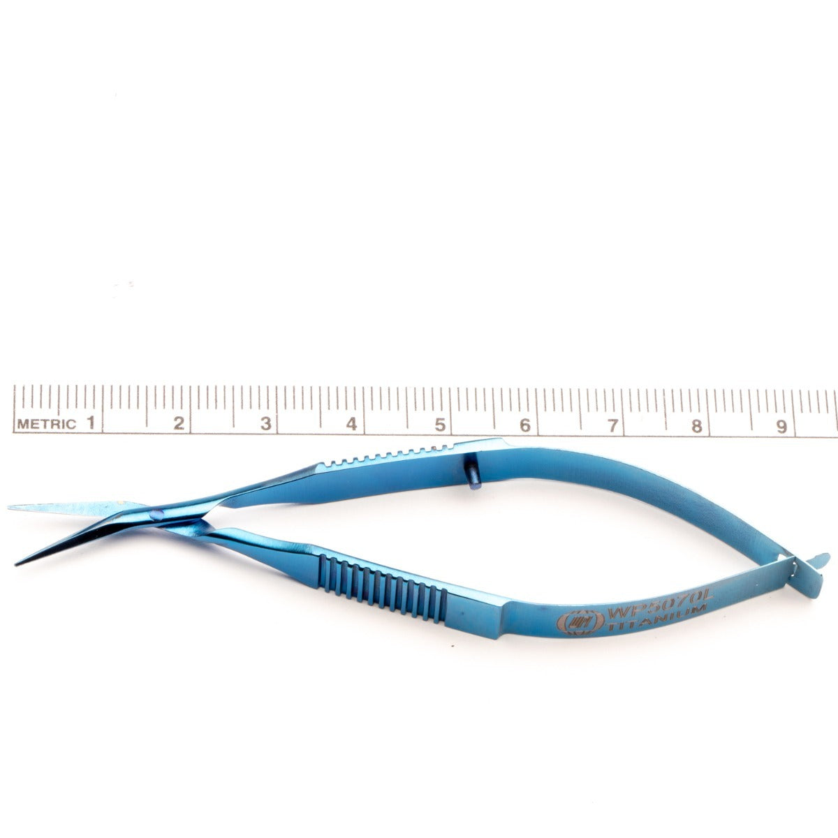 Vannas Capsulotomy Scissors, 9.5 cm, 10.5 mm Sharp, Angled-on-the-side Tips, Non-Magnetic, Titanium